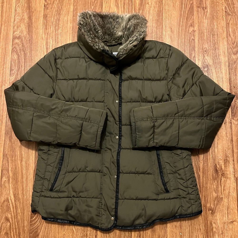 Old Navy Puffer Jacket Women Large Olive Green Faux‎ Fur Collar